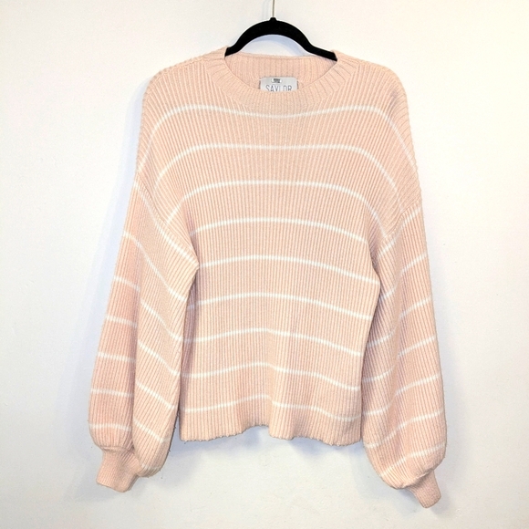 Saylor Reformation Pink White Stripped Ribbed Knit Wool Crewneck Balloon Sleeve - Picture 2 of 8